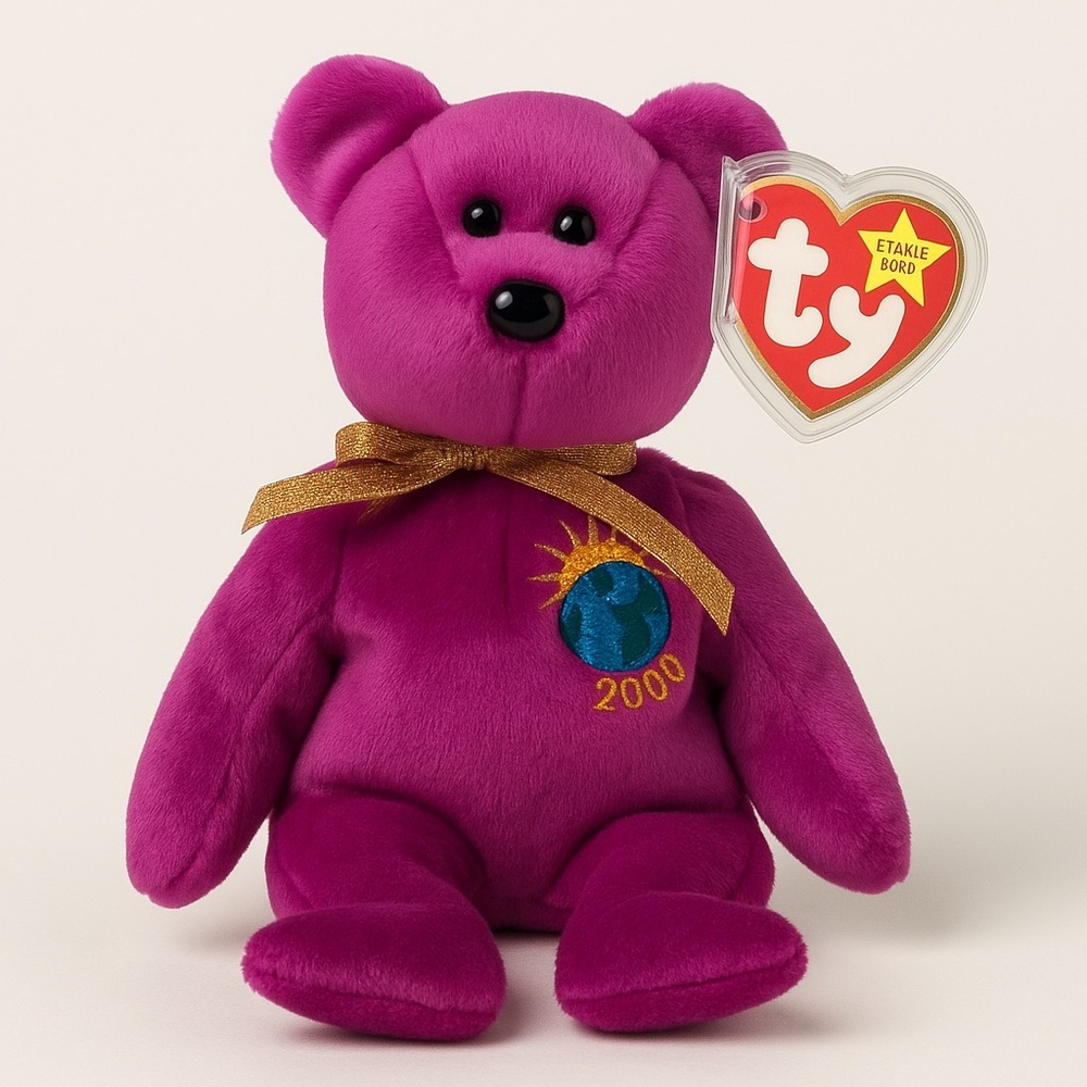 1999 TY Beanie Baby Millennium purple bear gold ribbon Earth/“2000” chest patch - Picture 2 of 11